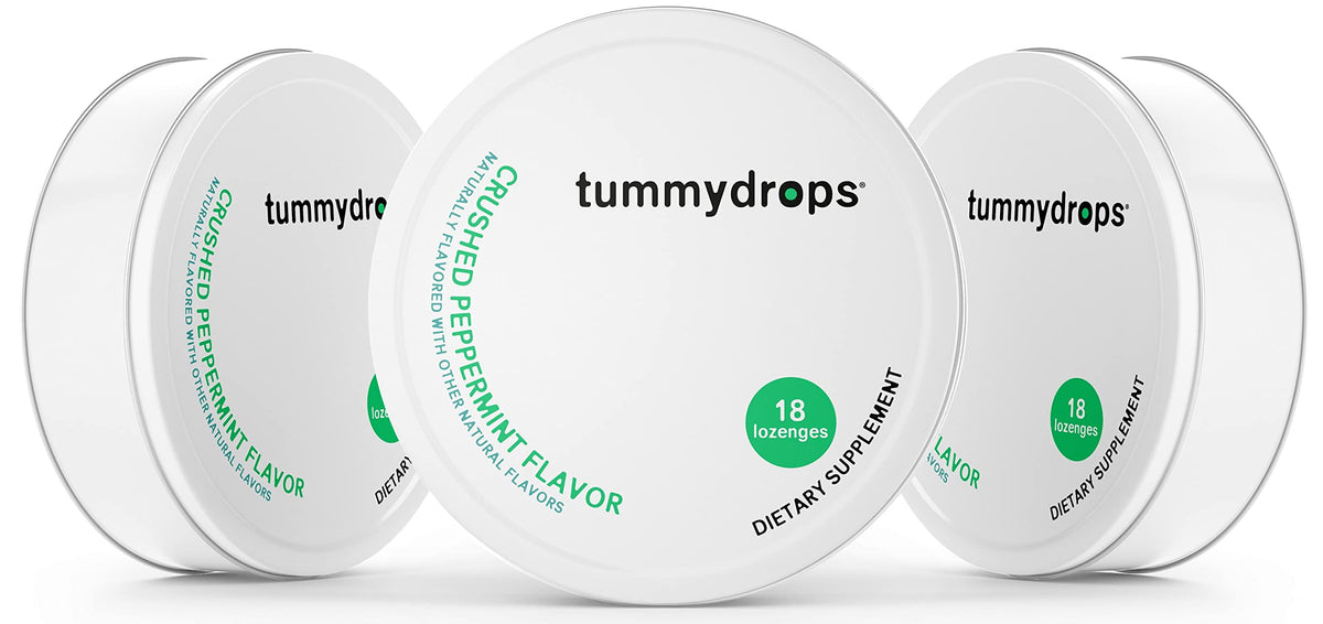 tummydrops front tin pack showing three tins and brand clear benefits