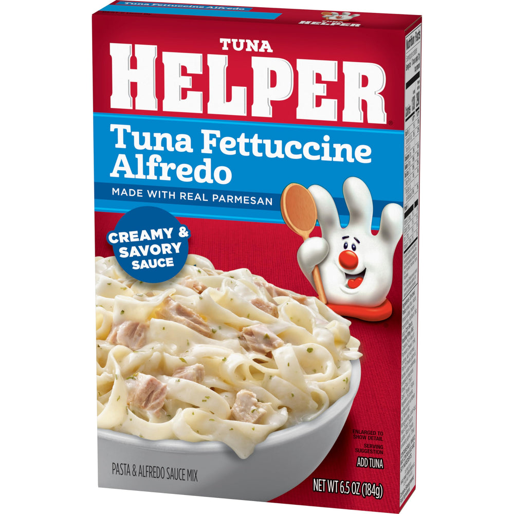 Skillet of cooked Tuna Helper fettuccine alfredo with tuna showing fast dinner benefit