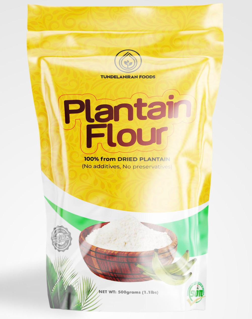 TundeLaniran Foods front packaging of green plantain flour showing clear labeling and shelf-ready pack