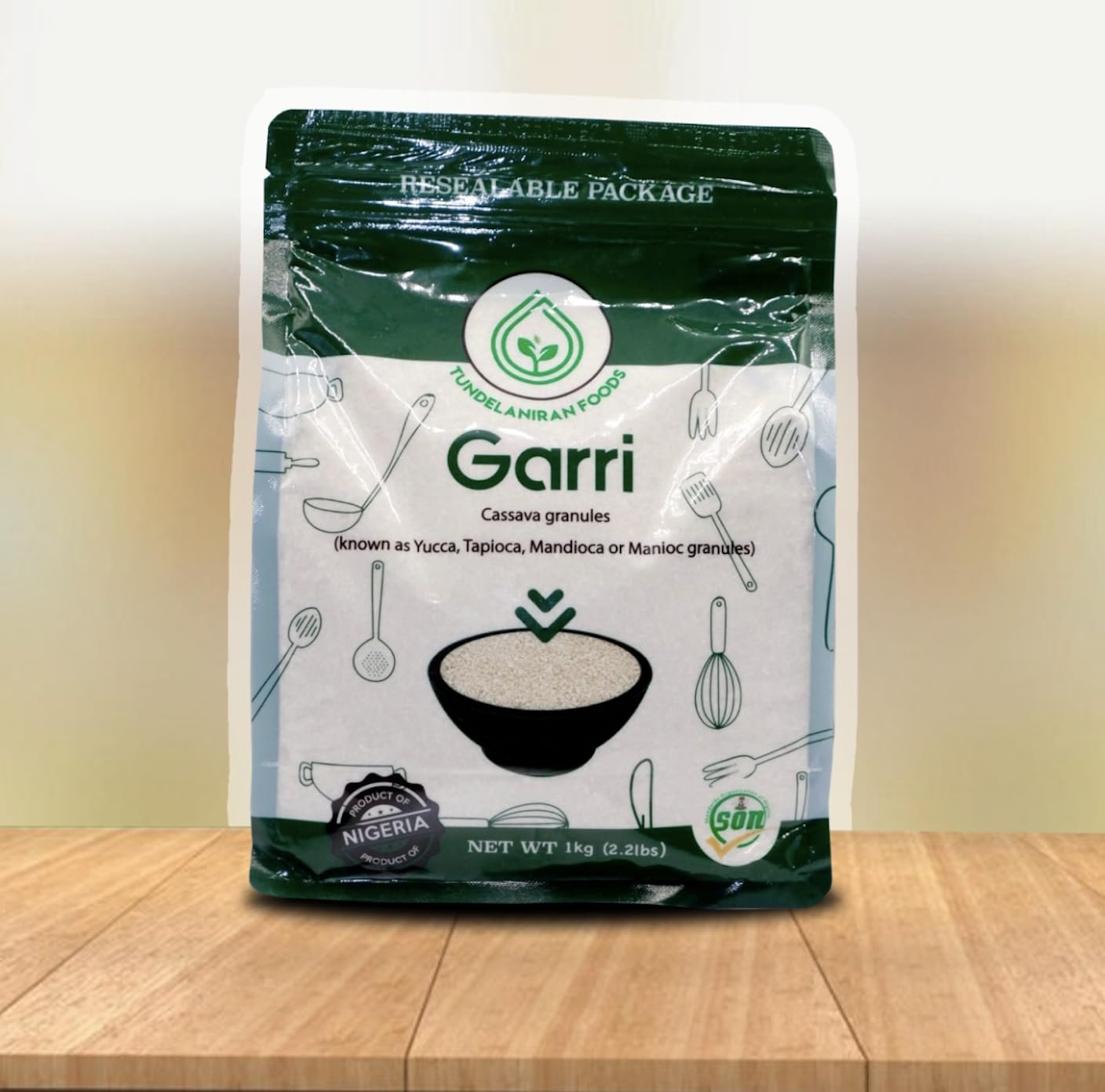 TundeLaniran Foods front package showing clean white garri, convenient resealable pack