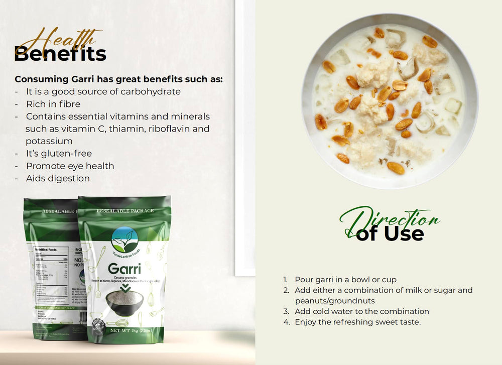 TundeLaniran Foods ingredient label, shows 100% cassava and no additives benefit