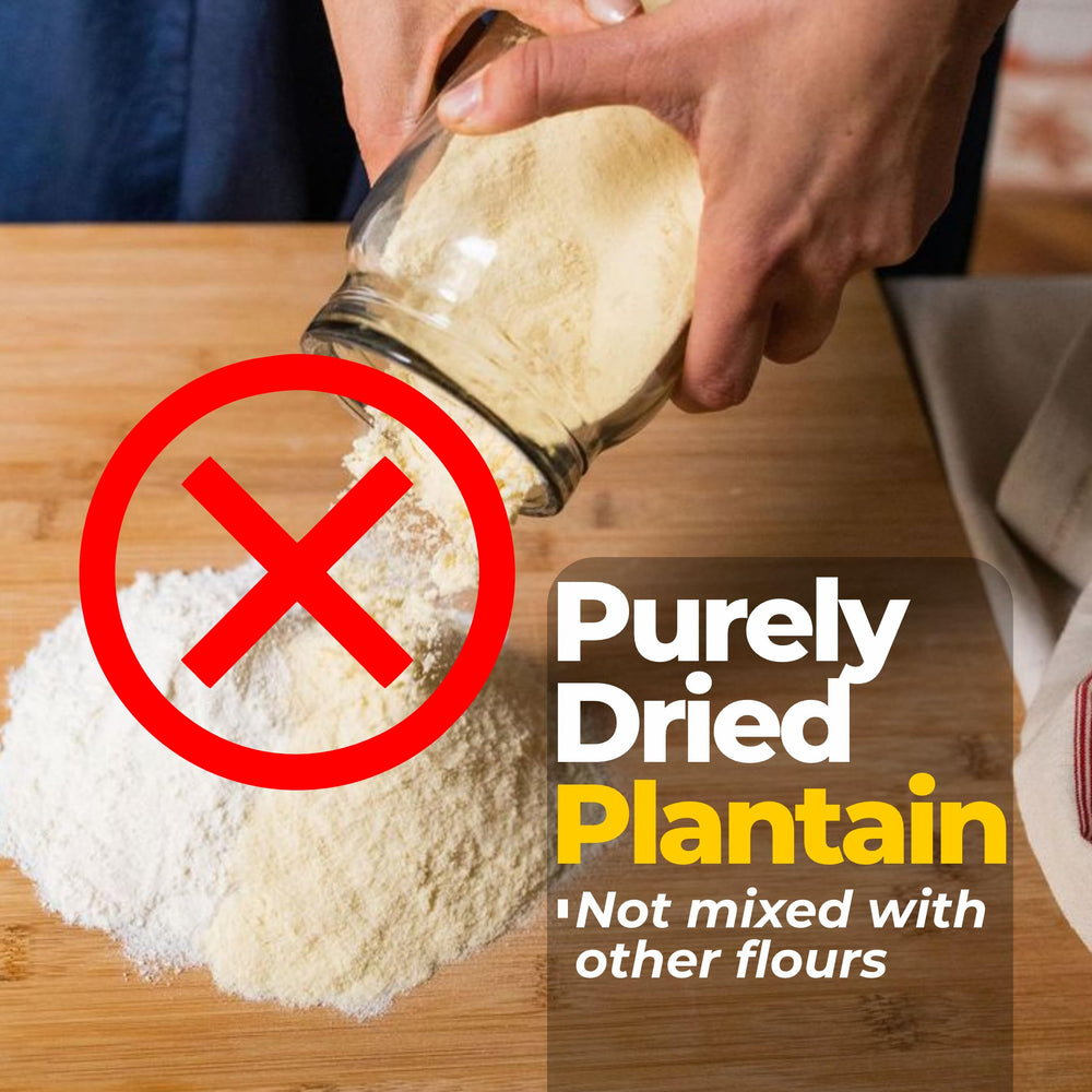 TundeLaniran Foods measuring scoop of plantain flour on scale for accurate portioning and recipes