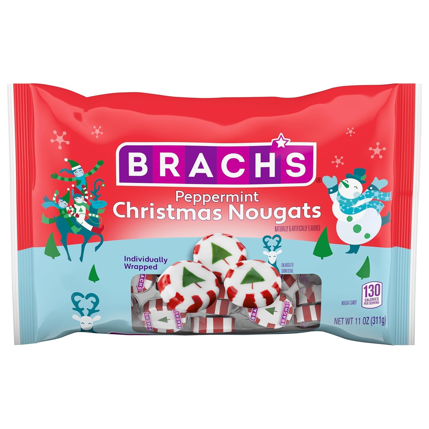 Tundras front packaging of 11oz bag showing festive peppermint nougats and freshness benefit