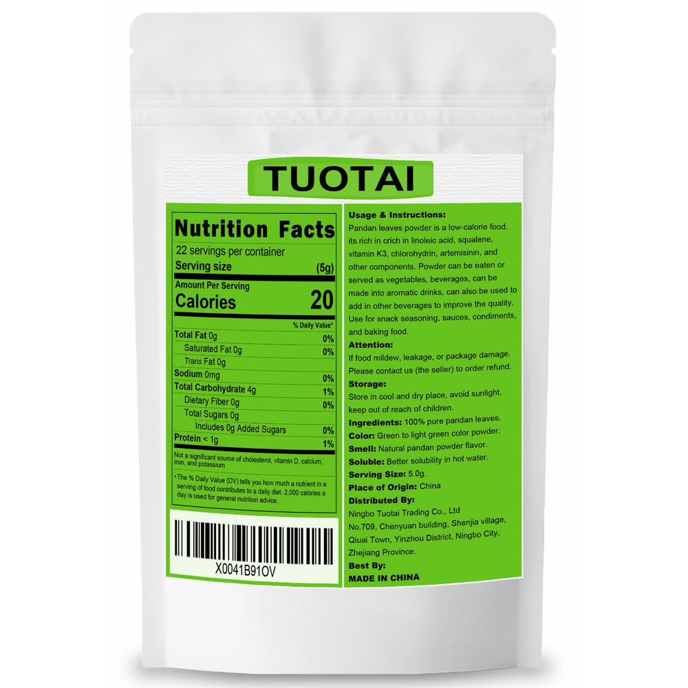 TUOTAI pandan powder label and ingredients view confirming non-GMO benefit
