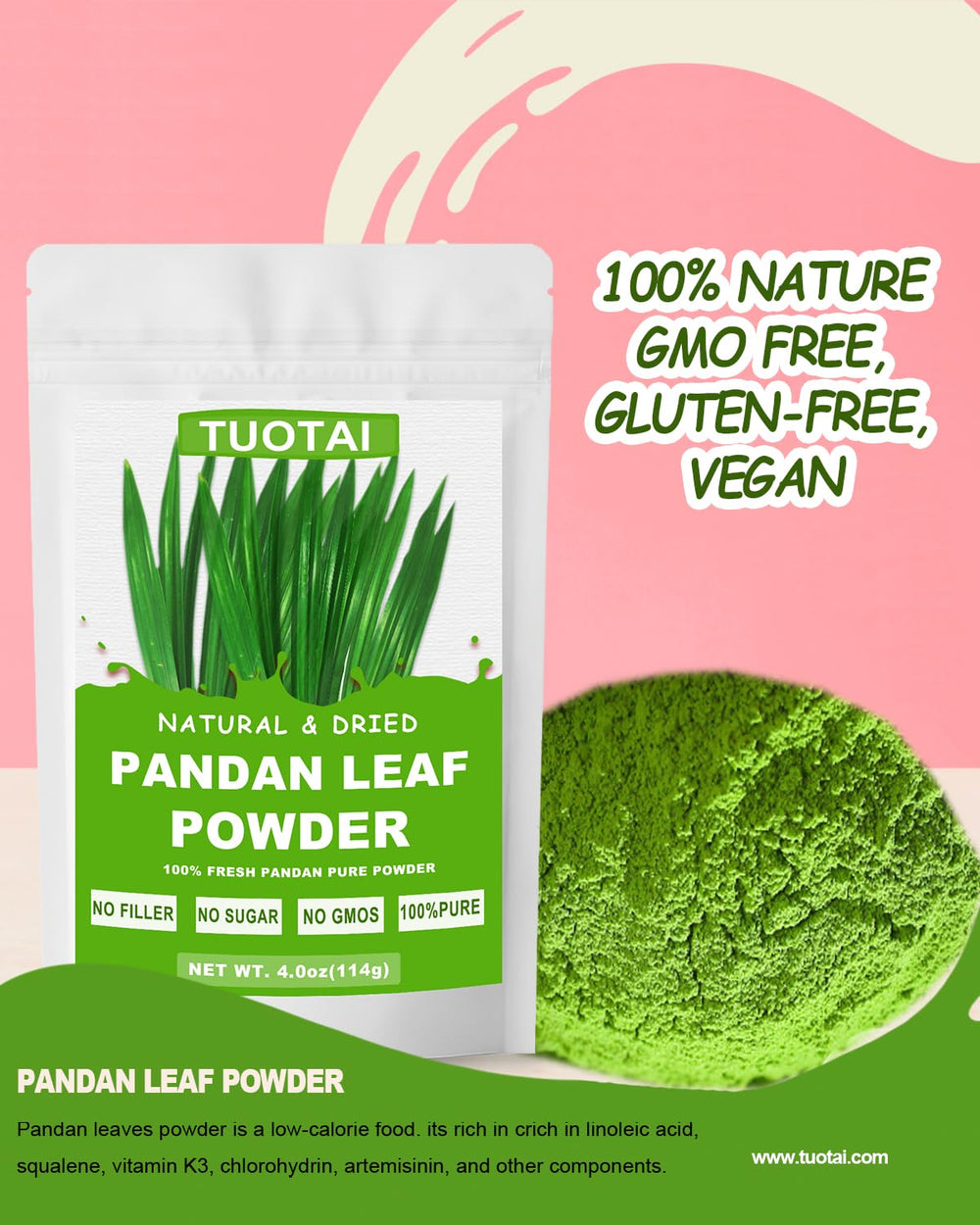 TUOTAI pandan powder scoop into bowl demonstrating portion control benefit