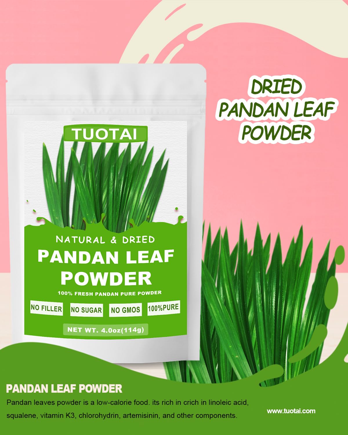 TUOTAI pandan powder texture close-up highlighting fine grind for easy mixing