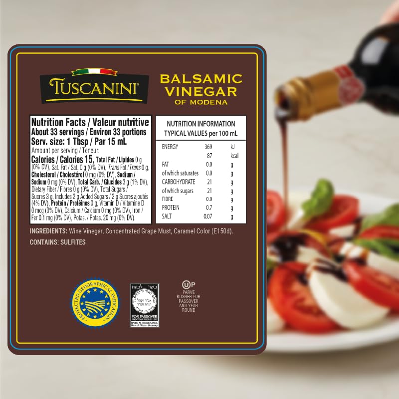 Tuscanini label close-up highlighting origin, 6% acidity, and kosher certification benefit