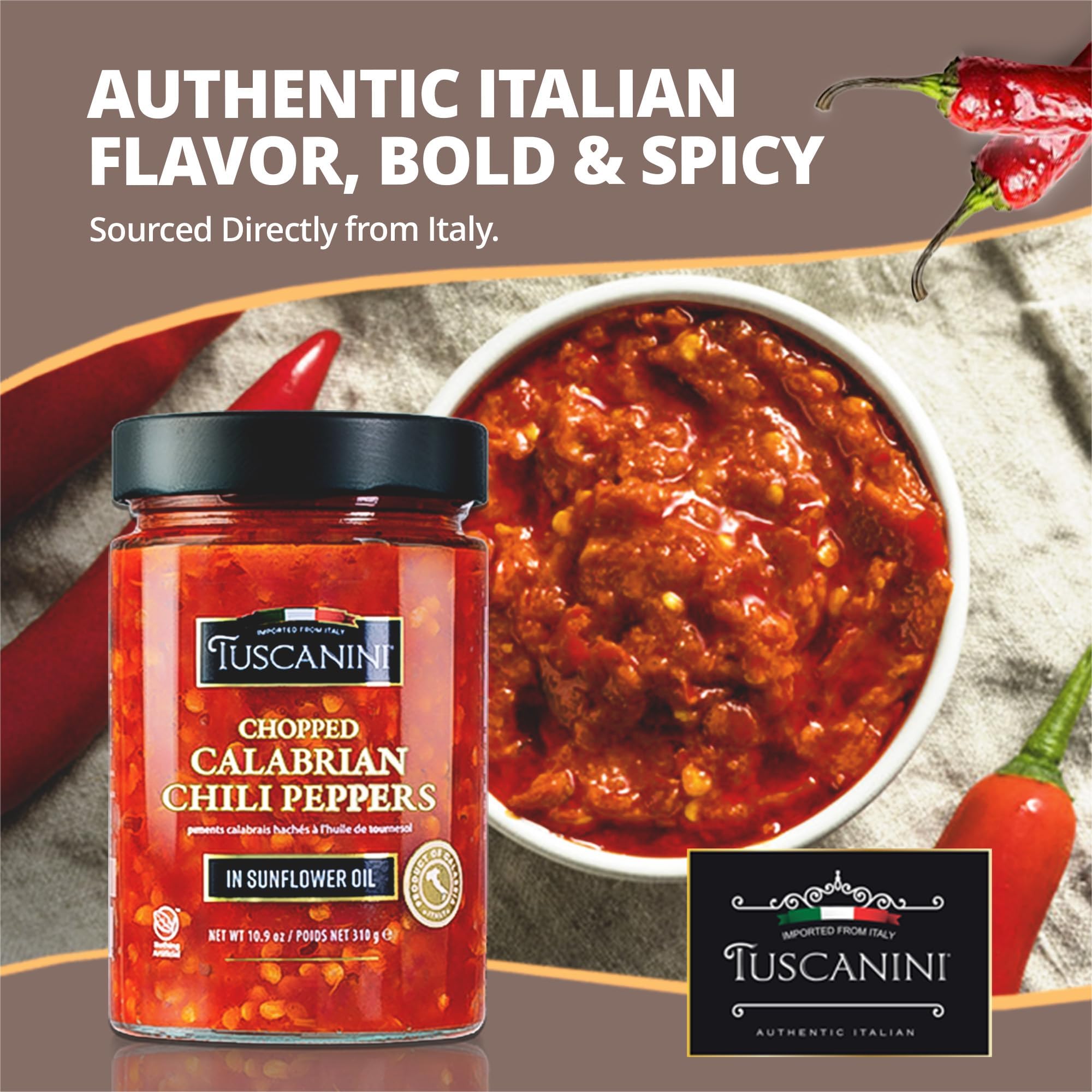 Tuscanini close-up of chopped chilies in oil highlighting texture