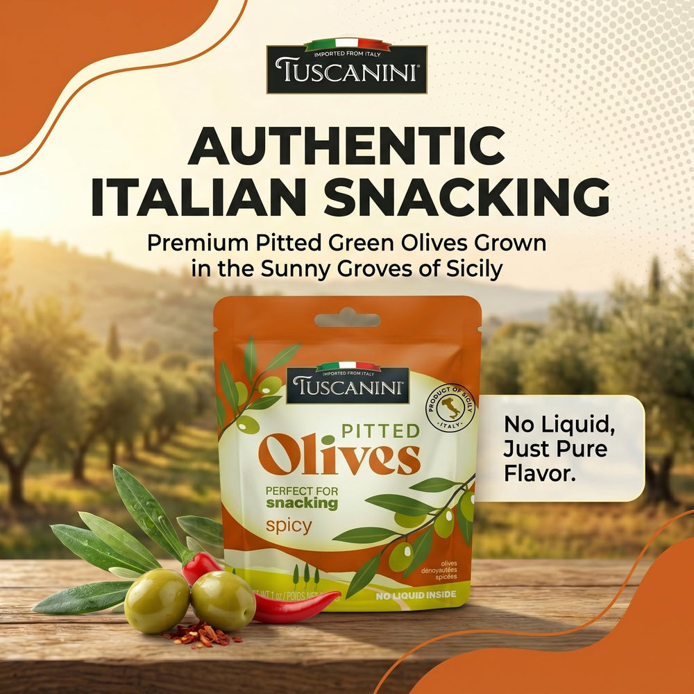 Close-up of Tuscanini olive texture and seasoning highlighting bold flavor