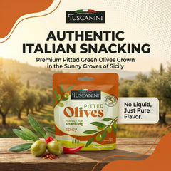 Close-up of Tuscanini olive texture and seasoning highlighting bold flavor