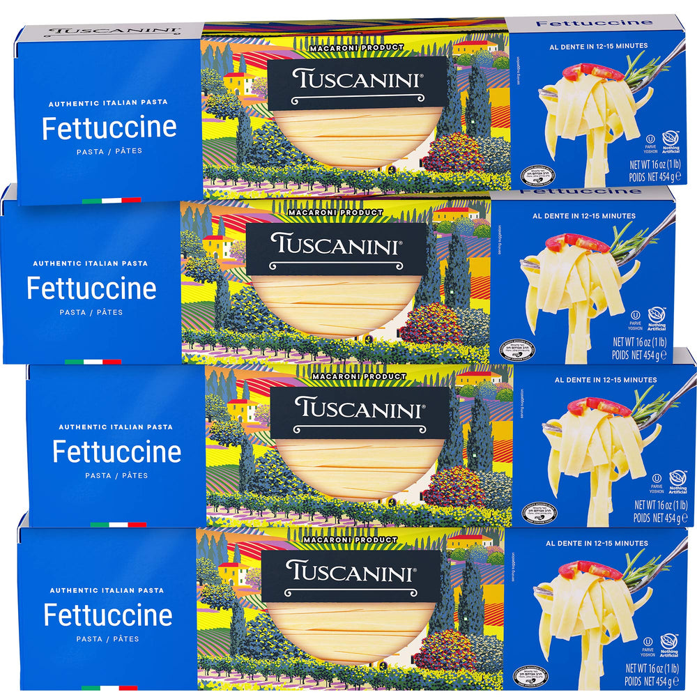 Tuscanini front packaging showing brand and fettuccine, clear ingredient benefit