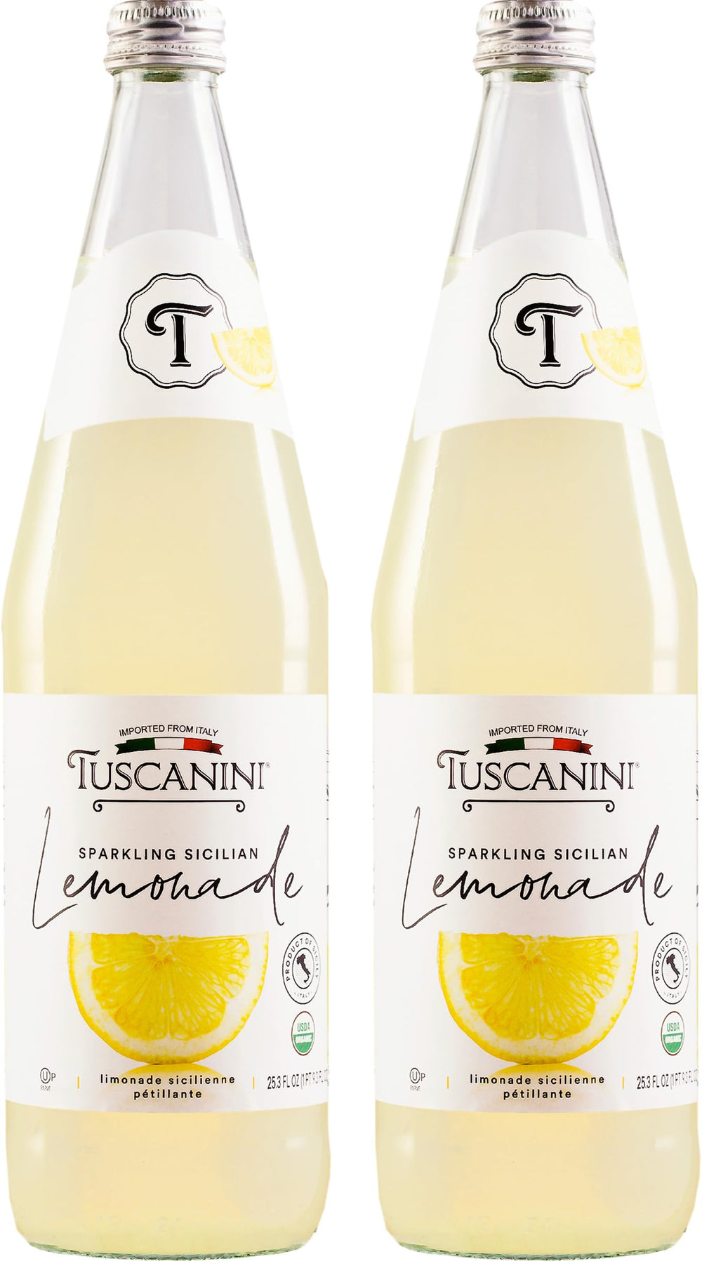 Tuscanini front packaging showing two 25.3oz bottles and Italian label benefits