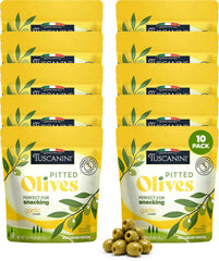 Tuscanini front packaging showing garlic snack olive pouches and branding benefit convenience