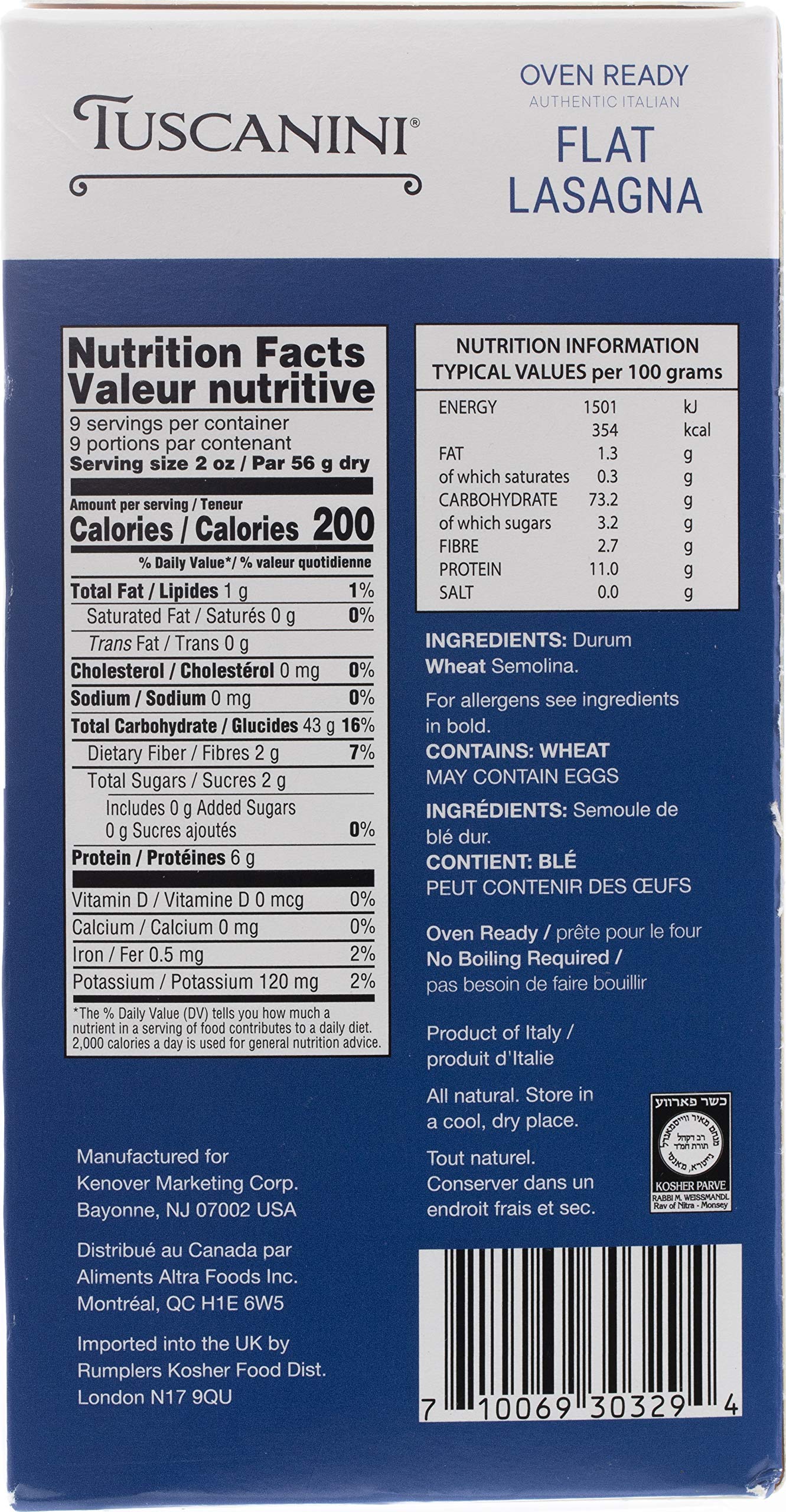 Tuscanini product label highlighting Kosher Yoshon and ingredient list for quality assurance