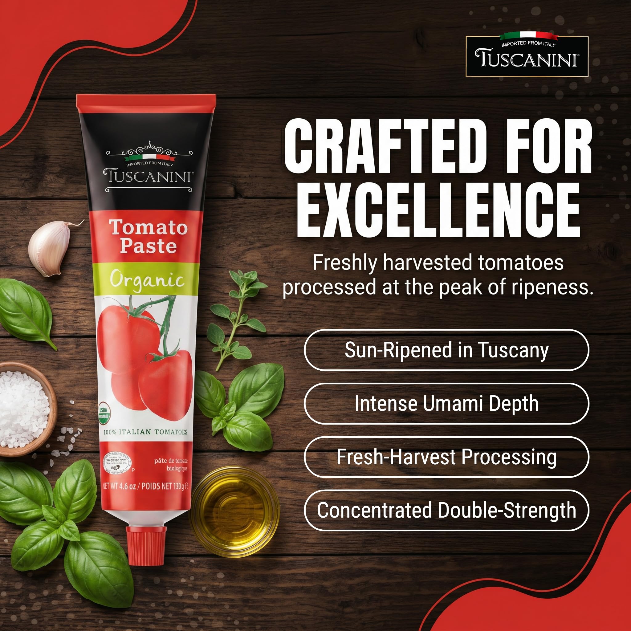 Tuscanini label with organic and kosher certifications indicating trusted quality