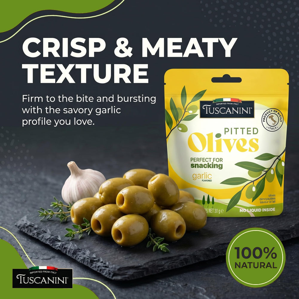Tuscanini olives on cracker demonstrating serving suggestion and savory pairing