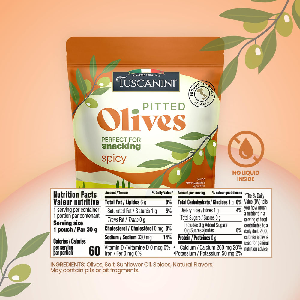 Tuscanini opened pouch with spicy pitted olives ready to eat for quick snacks