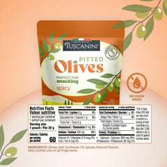 Tuscanini opened pouch with spicy pitted olives ready to eat for quick snacks