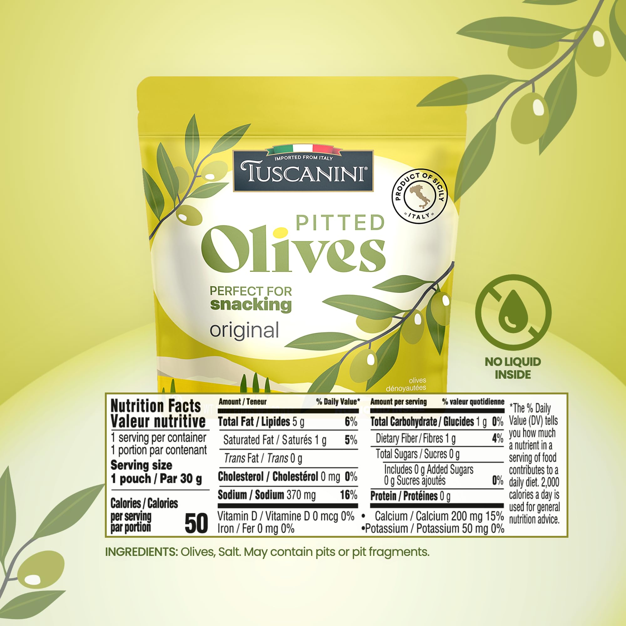 Tuscanini opened pouch with pitted olives ready to eat