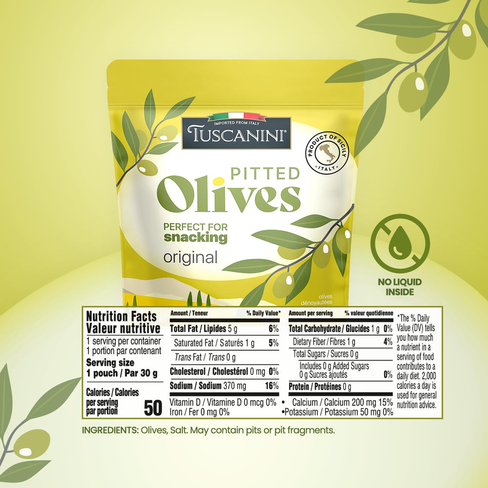 Tuscanini opened pouch with pitted olives ready to eat