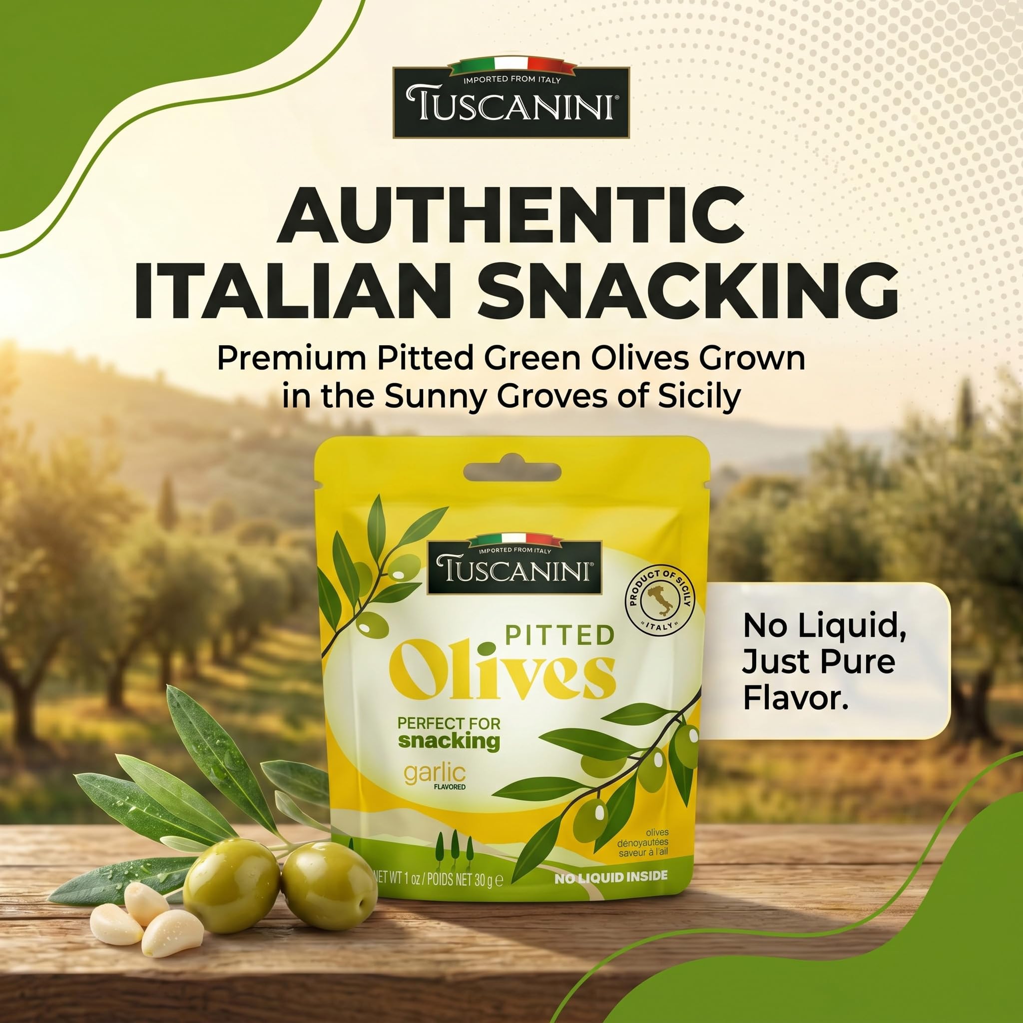 Tuscanini open pouch with pitted olives ready to eat showing mess-free convenience