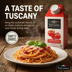 Tuscanini poured over pasta in bowl highlighting rich flavor and easy meal enhancement