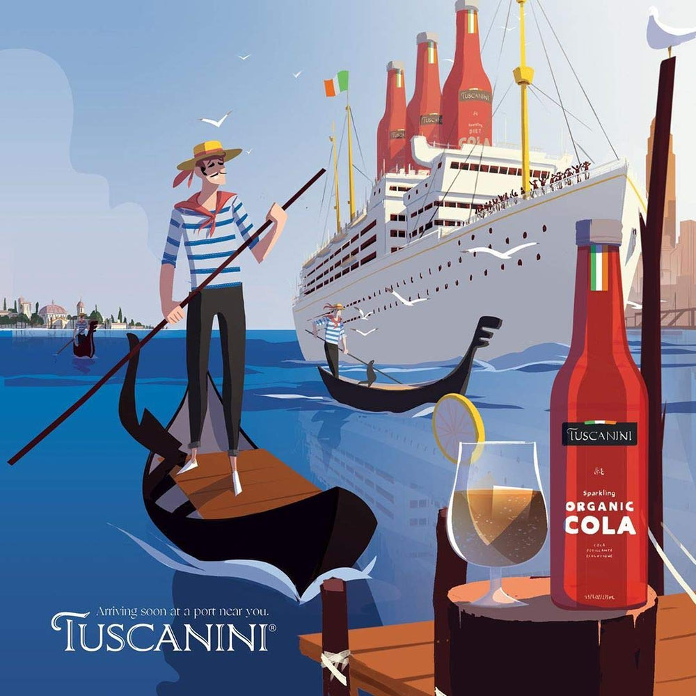 Tuscanini bottle held in hand for scale, single-serve 9.3oz convenience