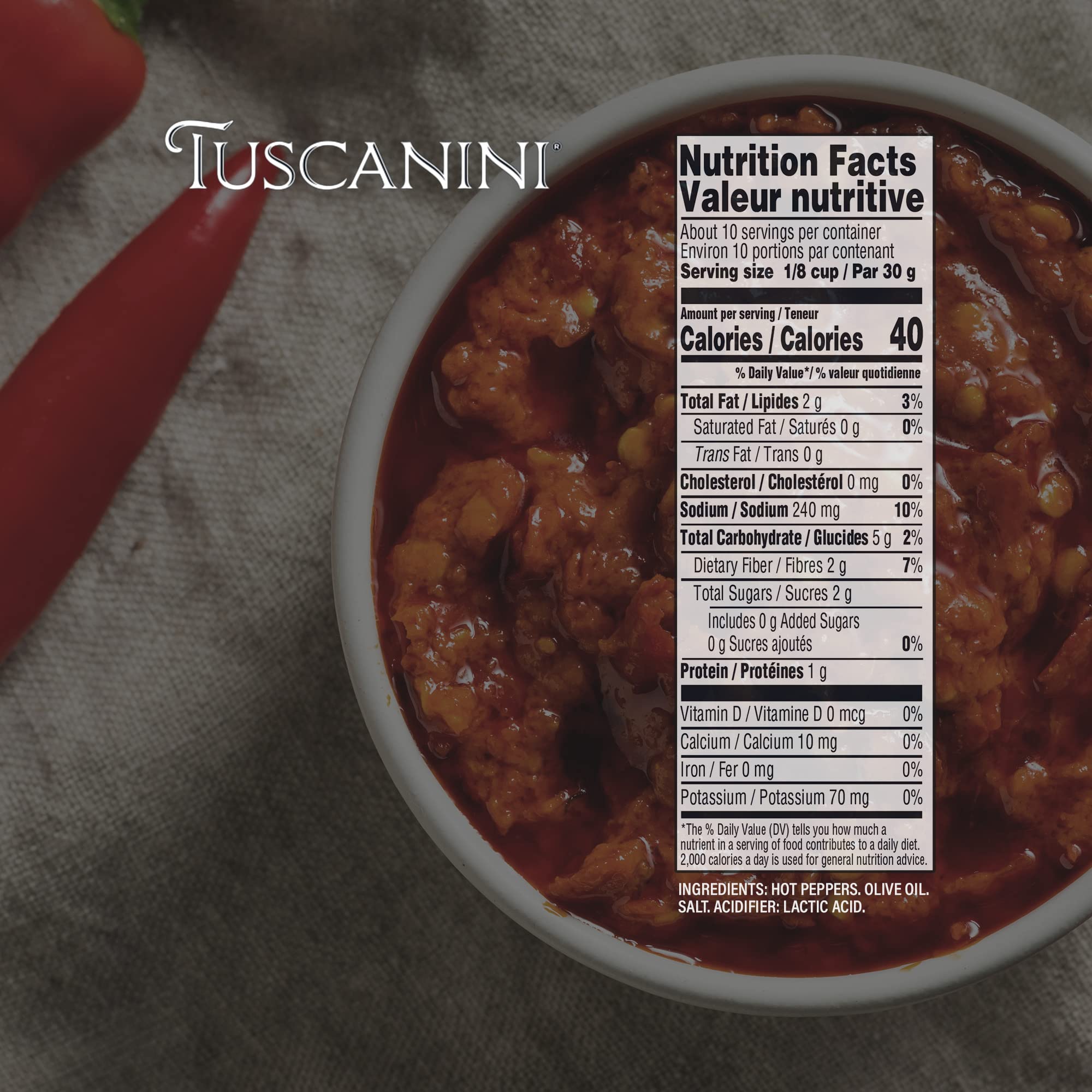 Tuscanini jar with spoon size comparison, shows serving portion and jar scale