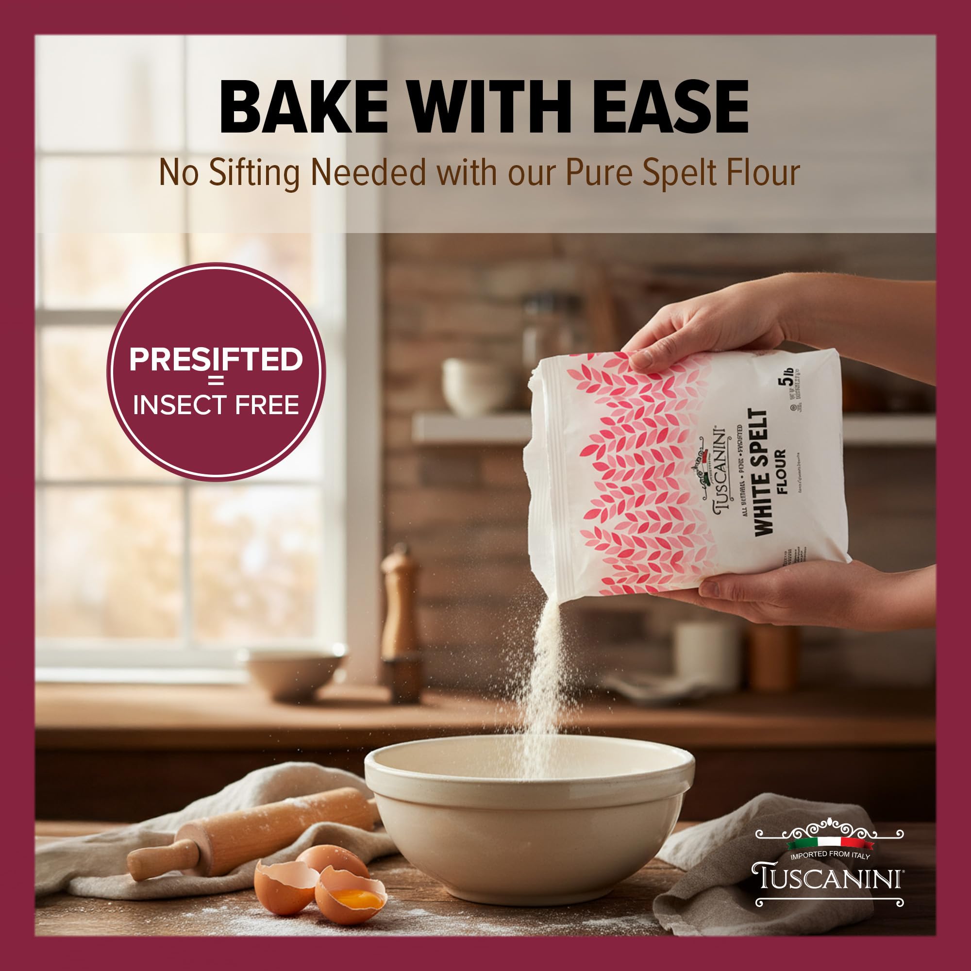 Tuscanini spelt flour in bowl with scoop ready for baking