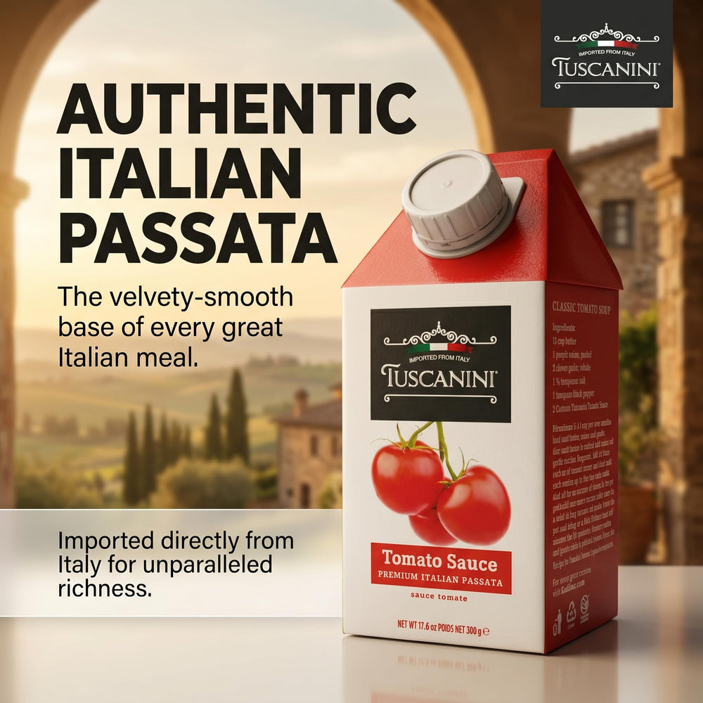 Tuscanini smooth passata texture close-up showing natural tomato consistency and quality