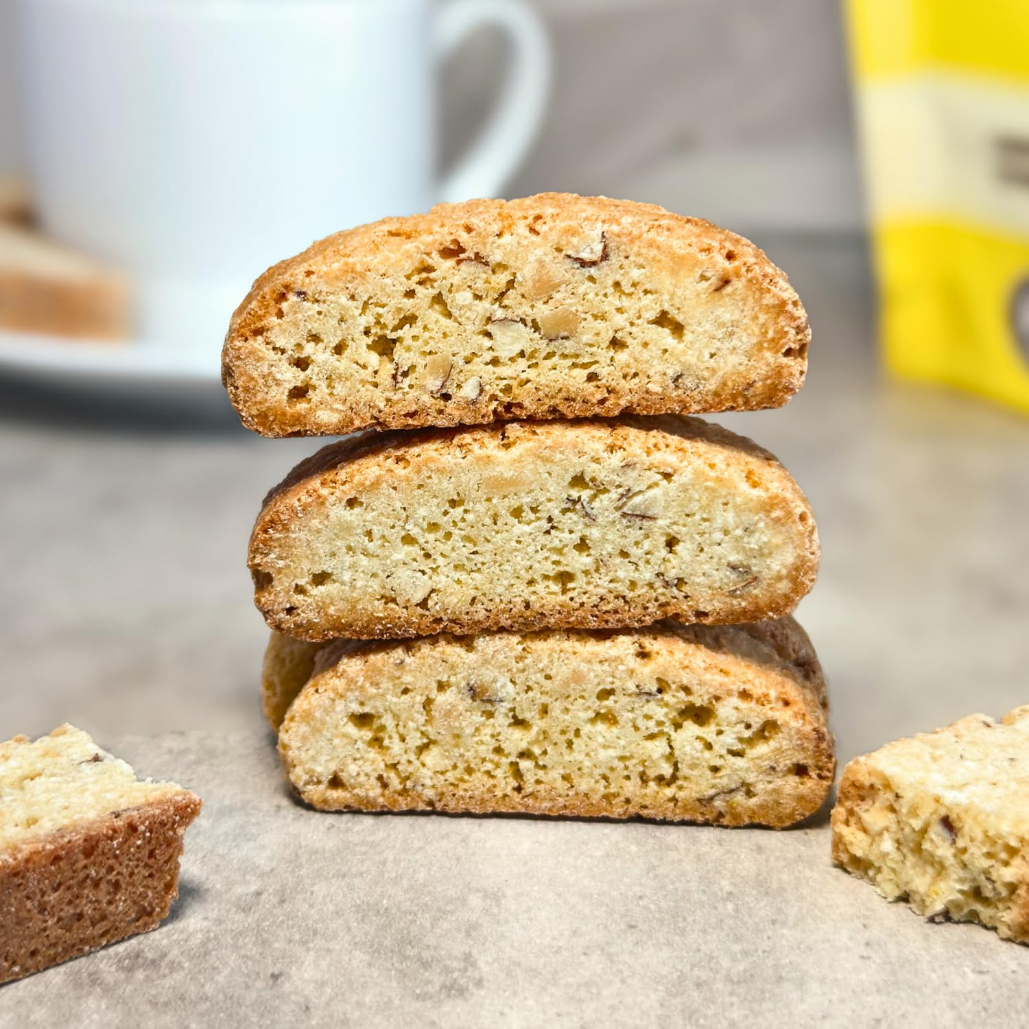 Tutti Gourmet lemon biscotti texture close-up, showing crunch and airy almond crumb