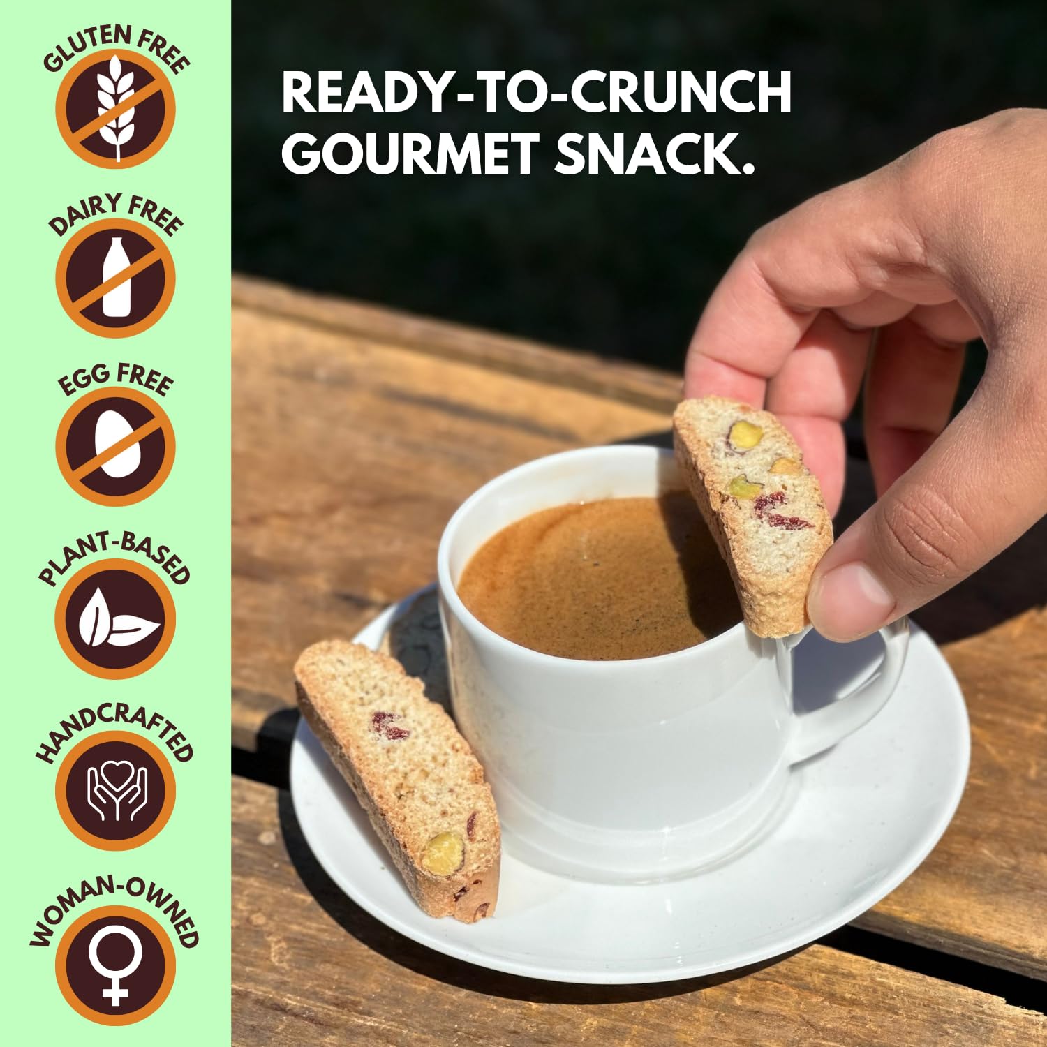 Tutti Gourmet biscotti dunked in coffee illustrating perfect pairing