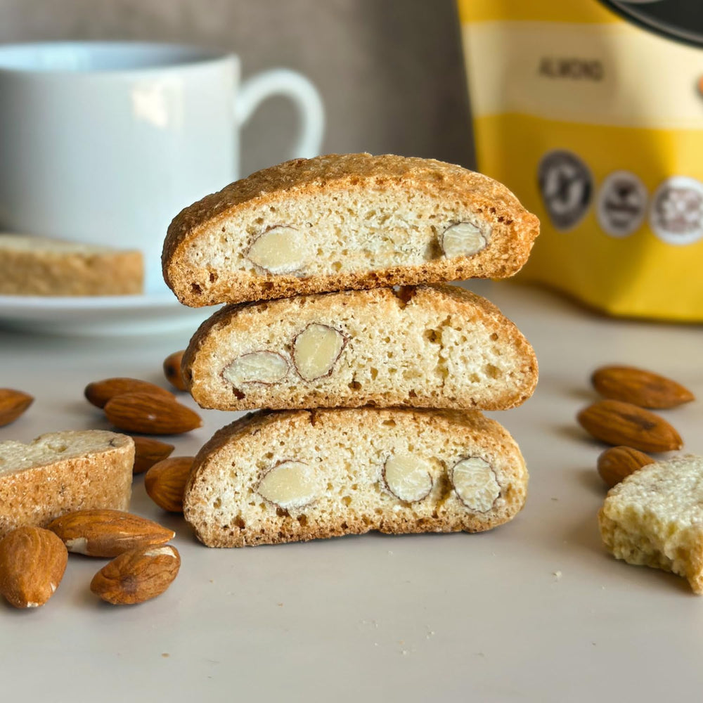 Close-up of almonds and crumbs in Tutti Gourmet biscotti highlighting nutty crunch and real ingredients