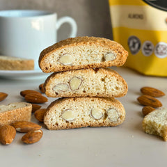 Close-up of almonds and crumbs in Tutti Gourmet biscotti highlighting nutty crunch and real ingredients