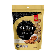 Tutti Gourmet front packaging of 10oz almond biscotti showing brand and vegan badge for easy gifting