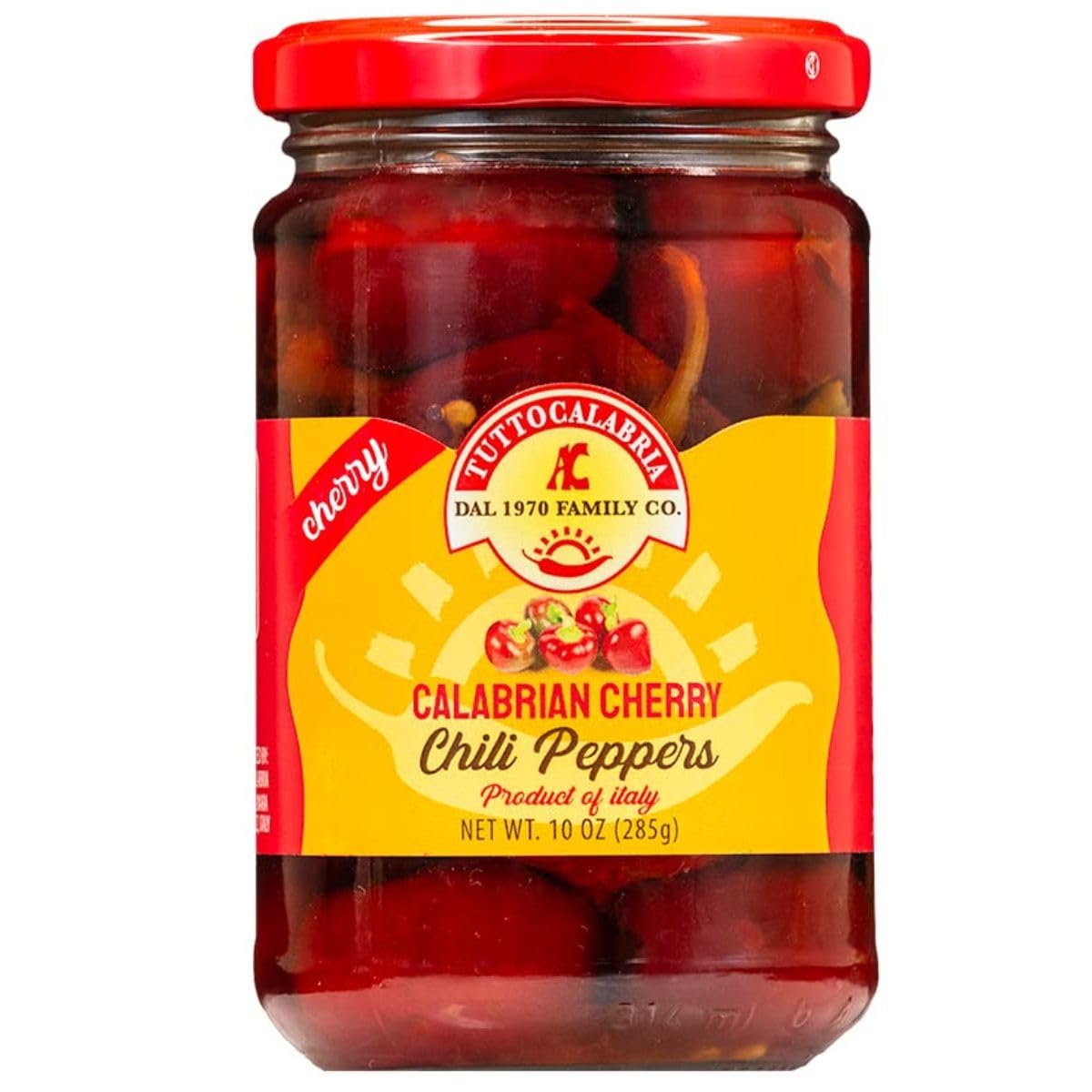 TUTTOCALABRIA jar front label showing 10.2 oz and peppers, highlights authentic Italian flavor