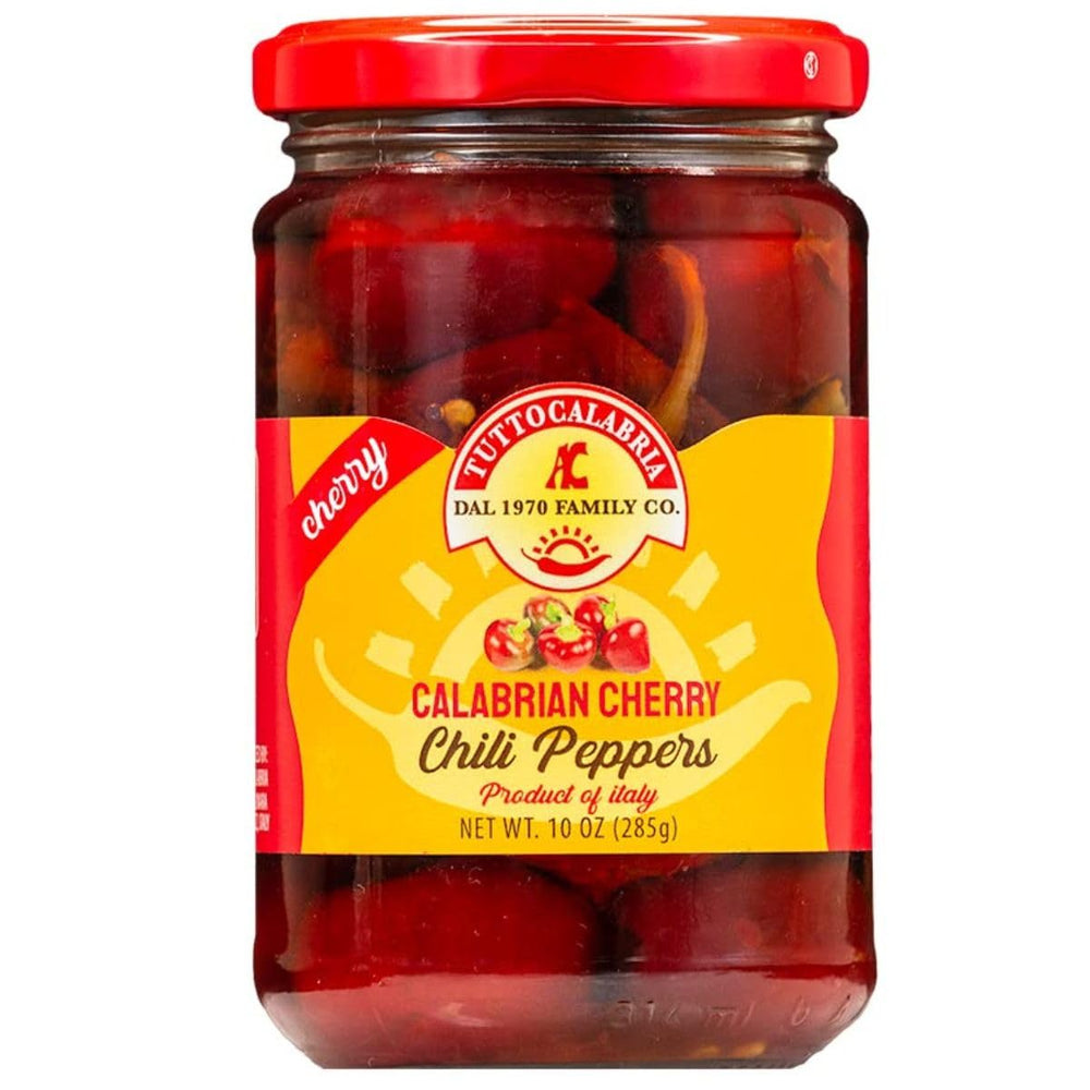 TUTTOCALABRIA jar front label showing 10.2 oz and peppers, highlights authentic Italian flavor