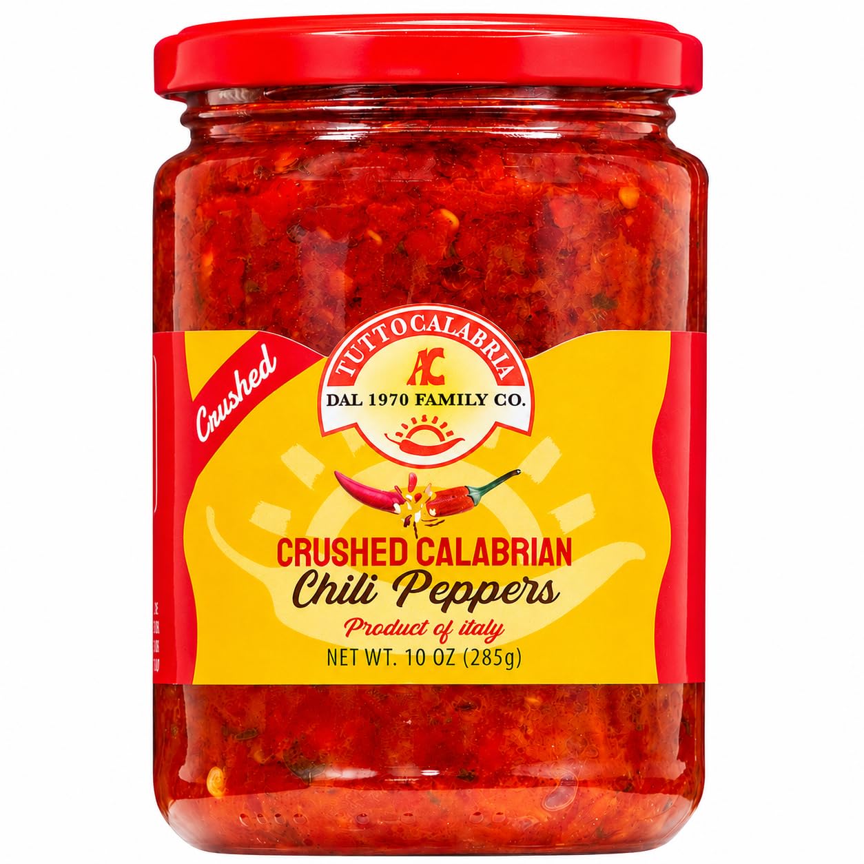 TUTTOCALABRIA front jar shot showing label and vibrant crushed chilies improving pantry appeal