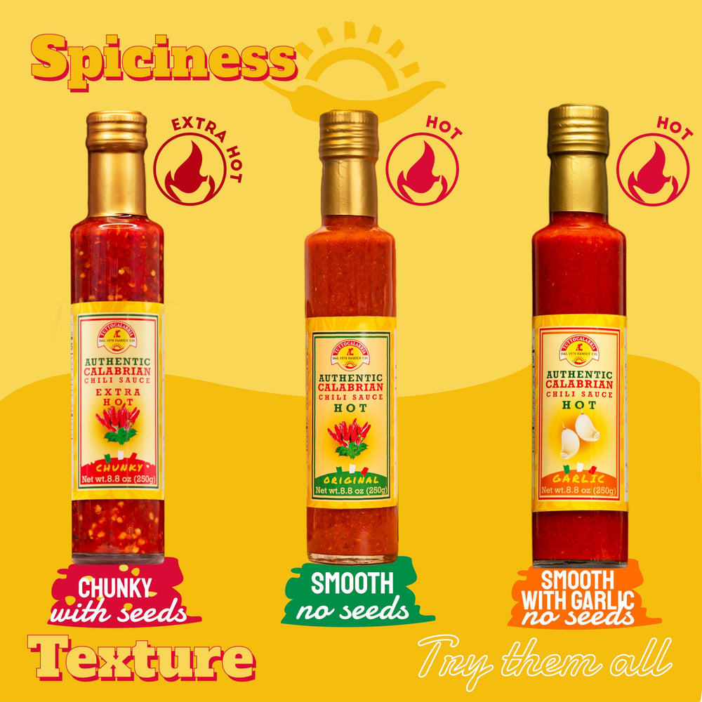 TUTTOCALABRIA ingredients display with peppers and garlic showing natural quality
