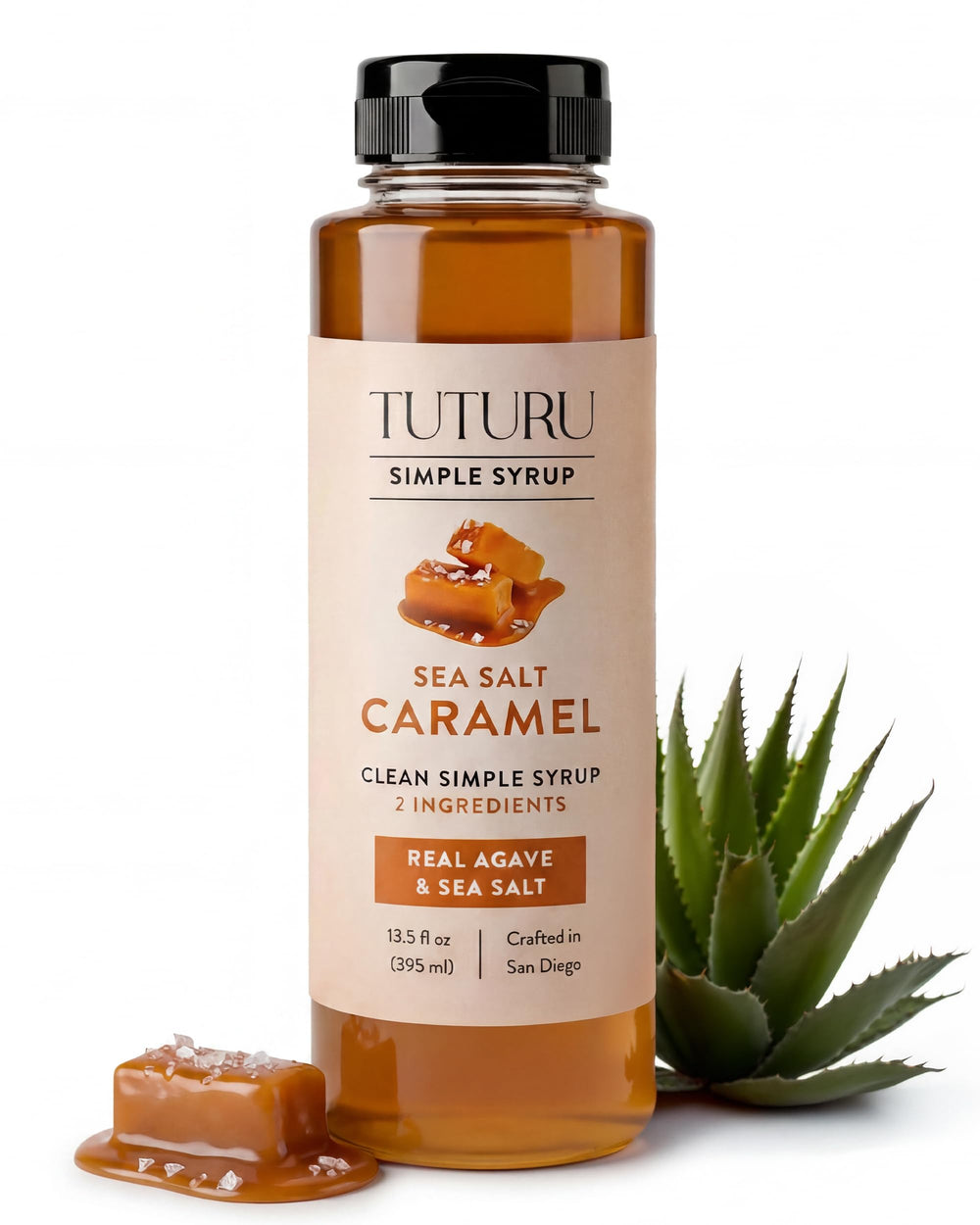 TUTURU Botanical Coffee bottle front showing caramel syrup and clean ingredients benefit