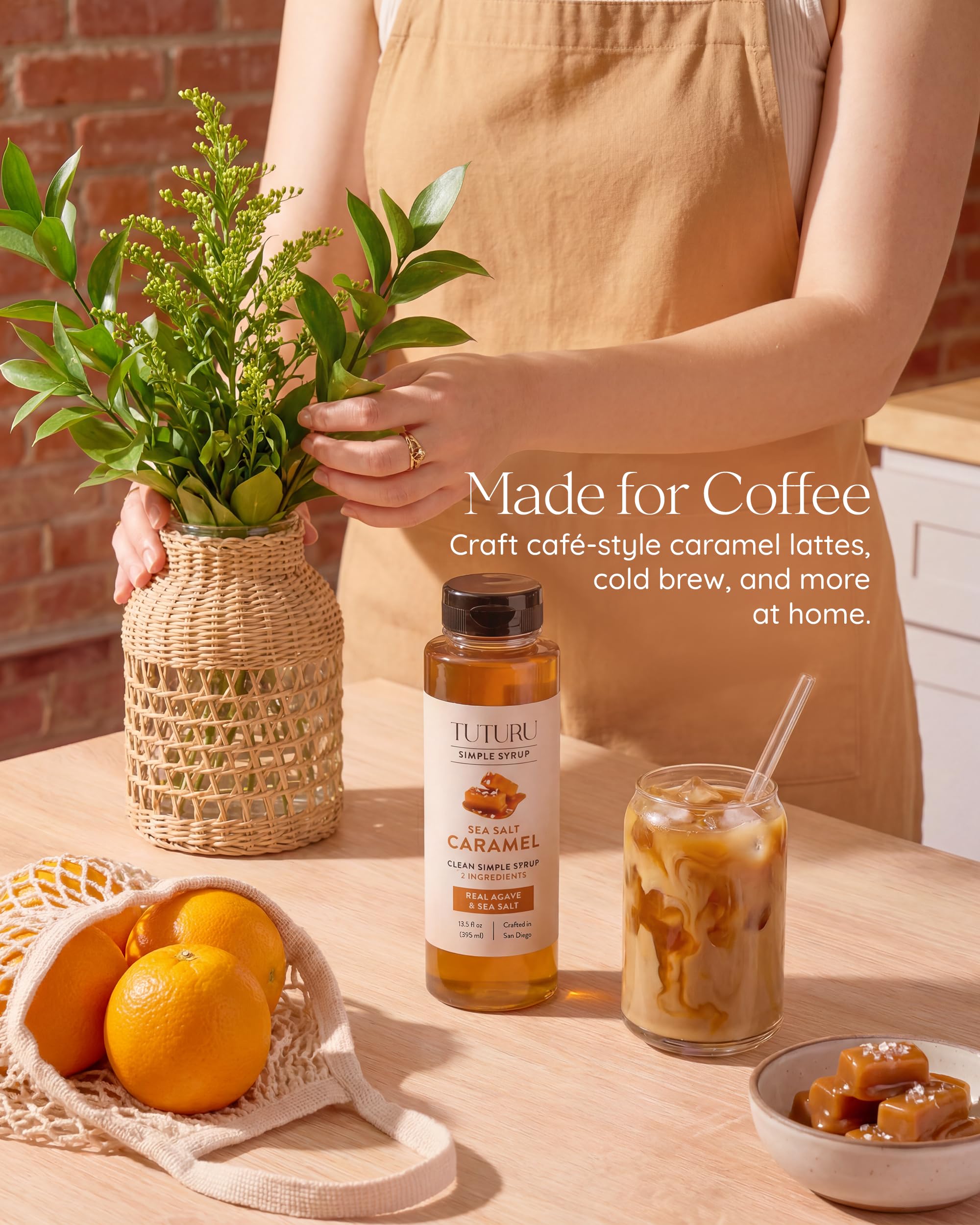 TUTURU Botanical Coffee caramel syrup stirred into iced coffee showing fast dissolution and flavor benefit