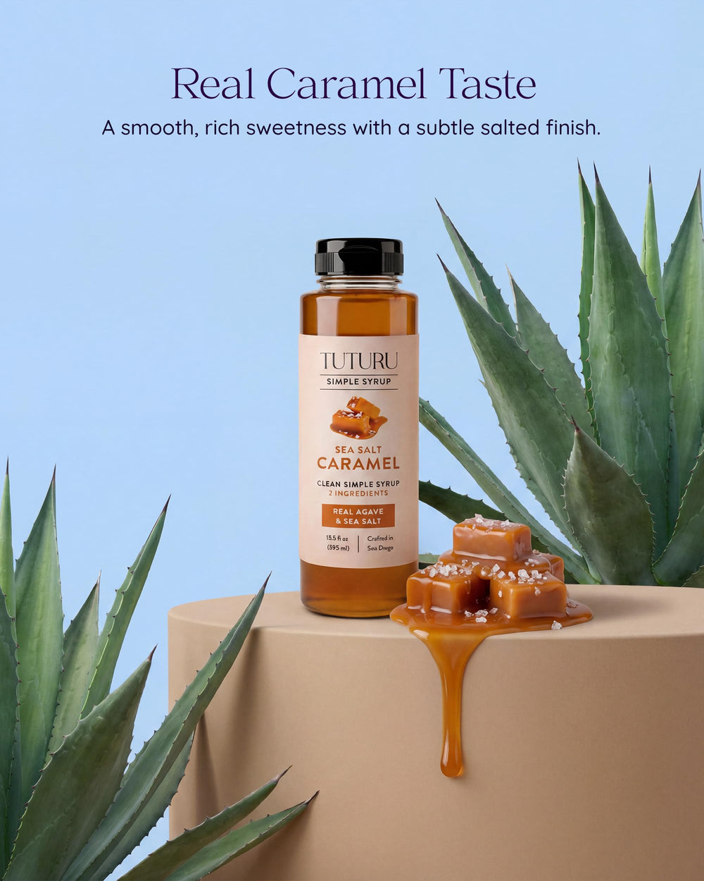 TUTURU Botanical Coffee syrup pouring from spoon showing smooth texture and easy-mixing benefit