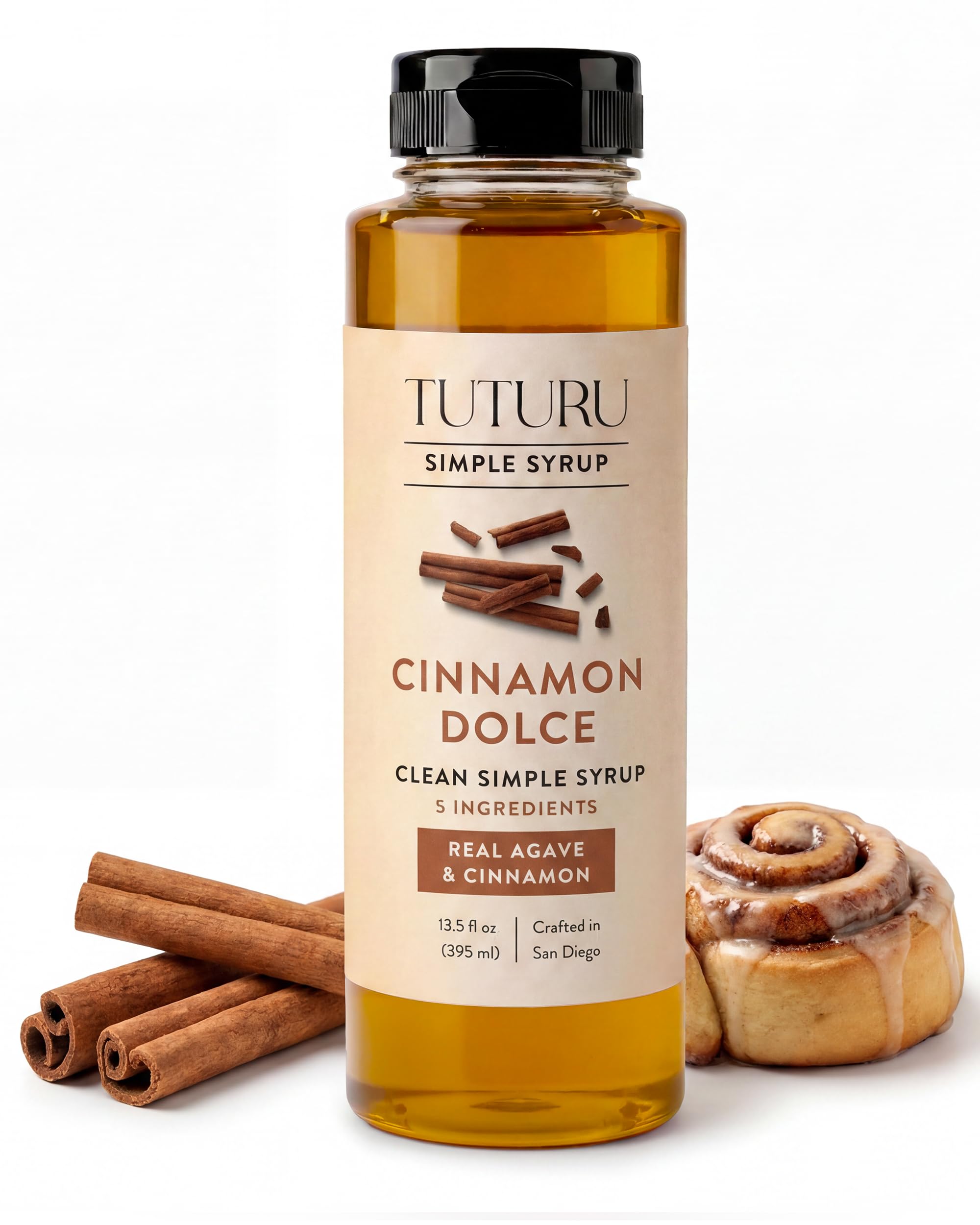 TUTURU Botanical Coffee bottle front view showing cinnamon dolce syrup, premium pantry upgrade