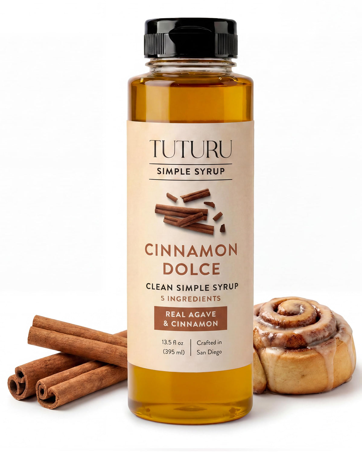 TUTURU Botanical Coffee bottle front view showing cinnamon dolce syrup, premium pantry upgrade