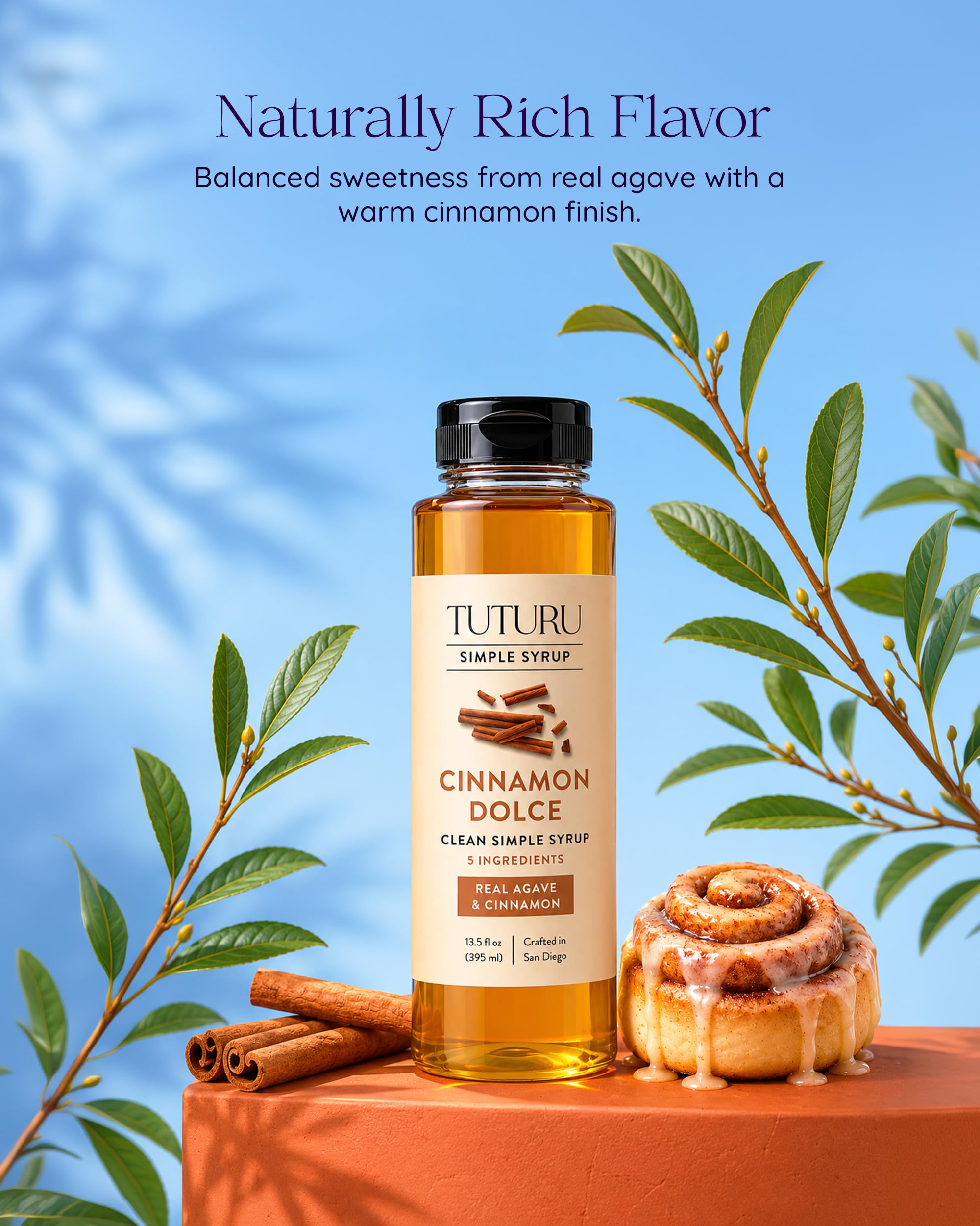 TUTURU Botanical Coffee pouring syrup into hot coffee, dissolves smoothly for rich flavor