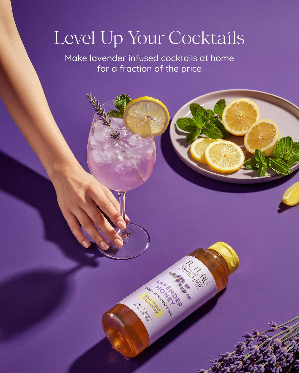 TUTURU Botanical Coffee syrup used in a cocktail with lavender garnish enhancing aroma