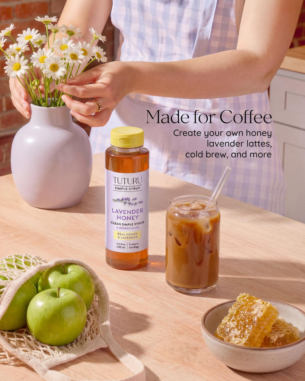 TUTURU Botanical Coffee syrup blended in iced coffee highlighting fast solubility and floral note