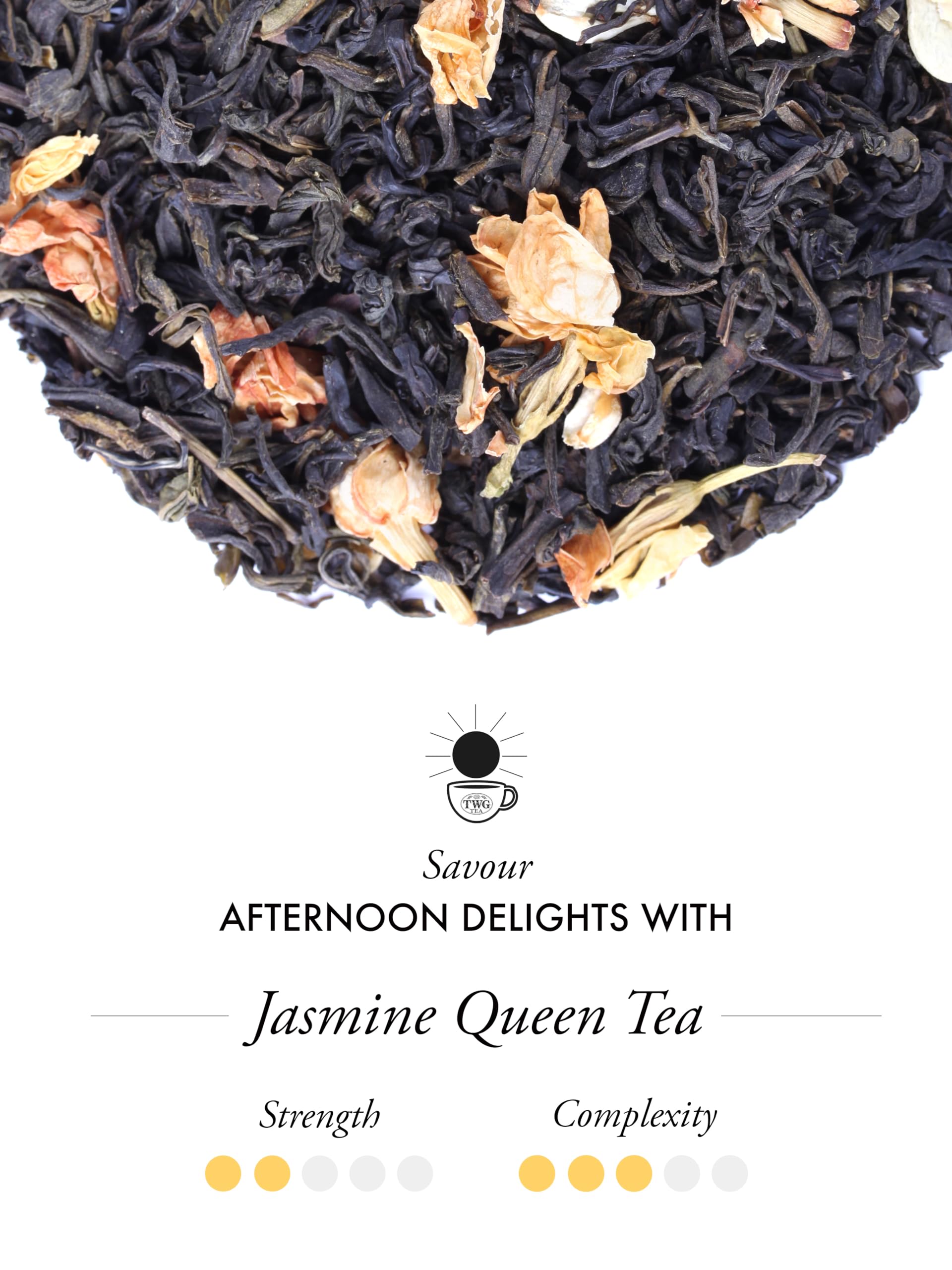 TWG Jasmine Queen hand-sewn cotton teabag close-up revealing whole leaves and jasmine flowers