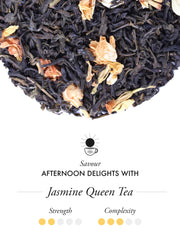 TWG Jasmine Queen hand-sewn cotton teabag close-up revealing whole leaves and jasmine flowers