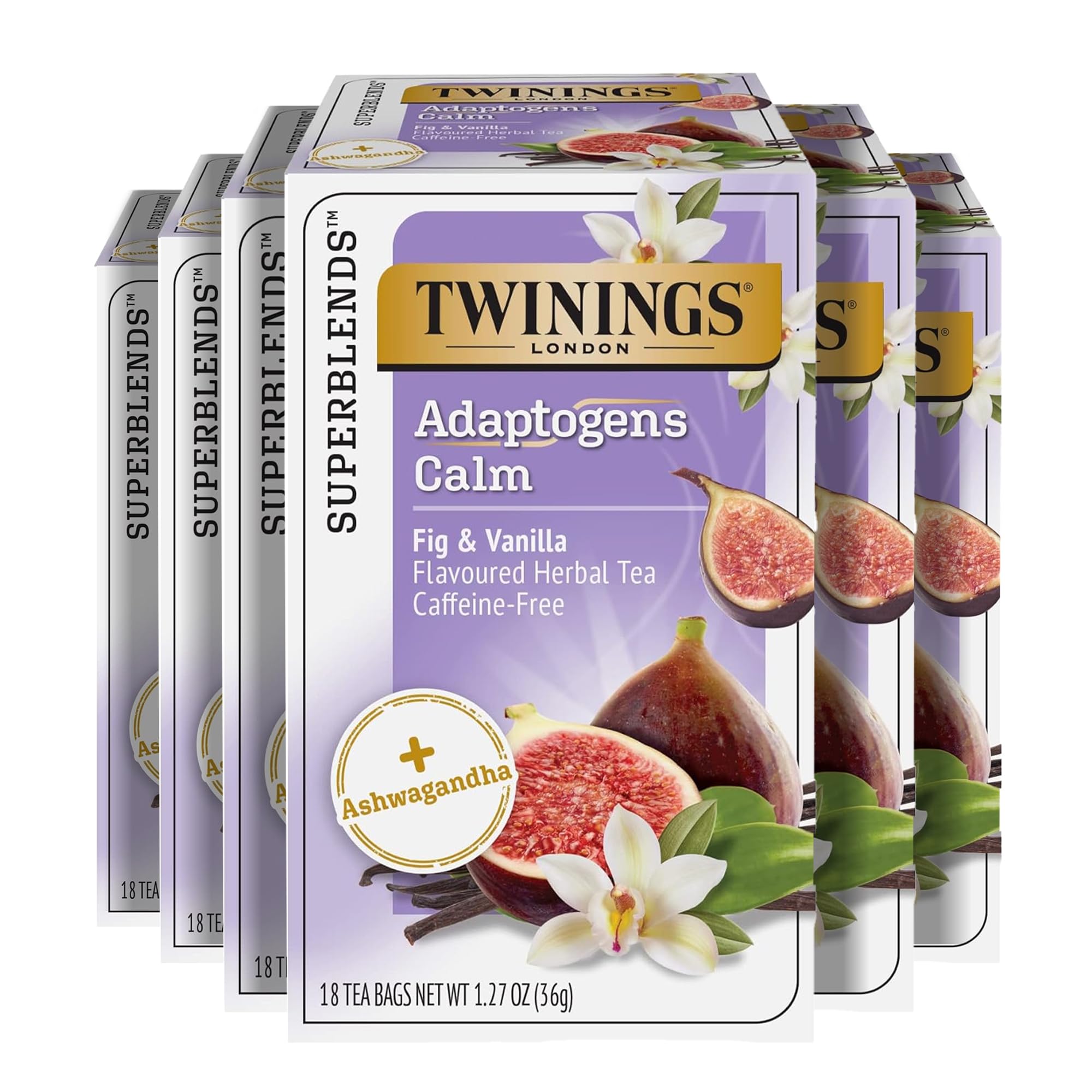 Twinings front pack showing Ashwagandha Fig & Vanilla blend and six-box set benefit convenience